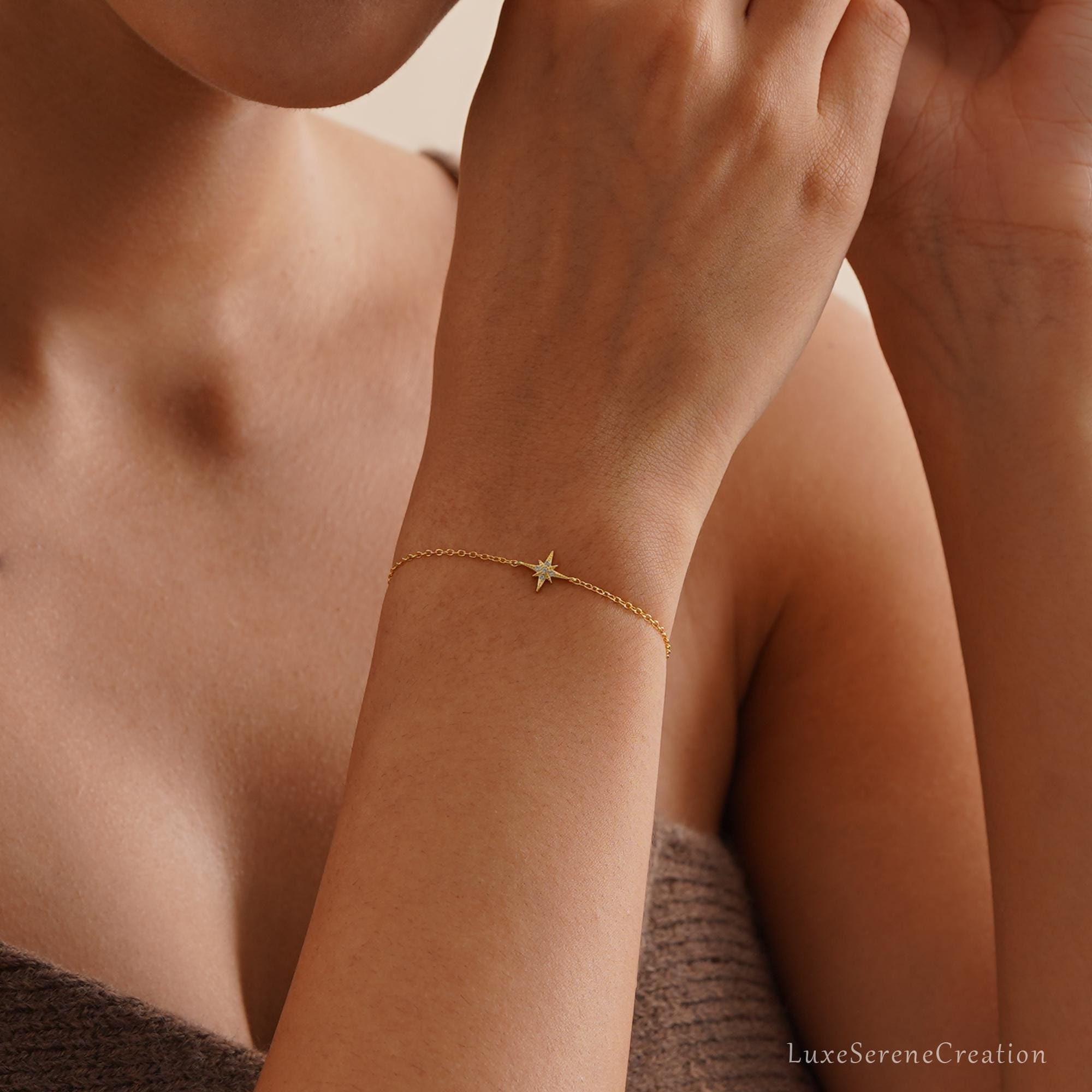 925 Sterling Silver Octagonal Star Bracelet Diamonds Delicate