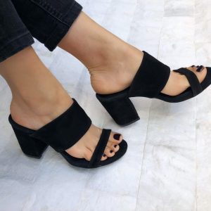 Black Sandals Suede Heeled Mules Leather Slip On