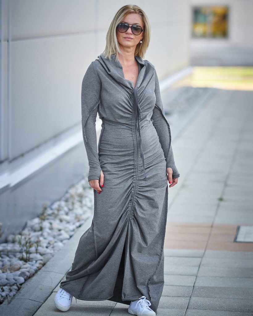 Gray Hooded Maxi Dress For Women Cotton Long