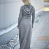 Gray Hooded Maxi Dress For Women Cotton Long
