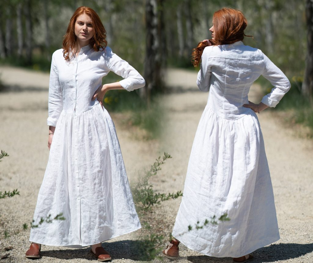 Linen Maxi Dress: White Buttons Casual Shirt Style