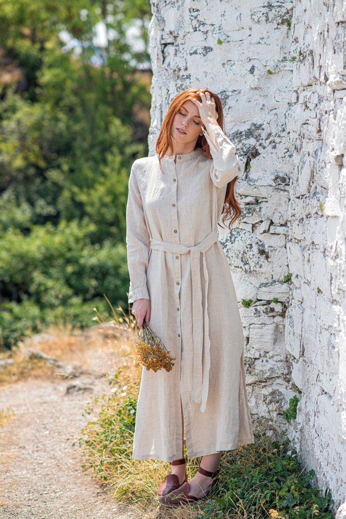 Linen Shirt Dress Button Down Long Sleeve Maxi
