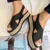 Black Leather Platform Sandals Criss Cross Wedges Espadrille