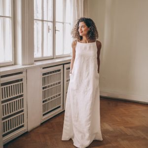 White Linen Dress For Women Minimalist Maxi Pockets