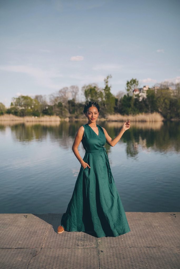 Sleeveless Linen Maxi Wrap Dress Emerald Green Plus